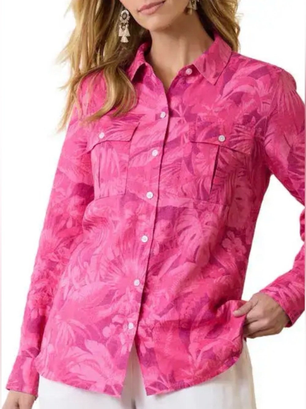Tommy Bahama Paradise Palmera Fuschia Tropical Print Linen Button Up Shirt